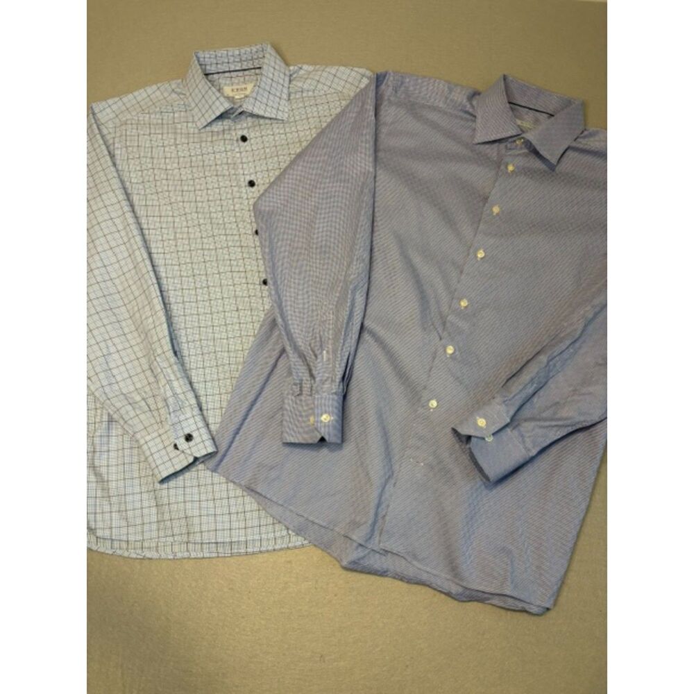 2 Eton Mens Long Sleeve Button Down Shirts XL 43/17 Blue Patterns 100% Cotton